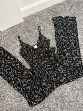 Kaileigh Black Jumpsuit with Cream Leaf Print